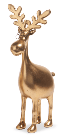 Gold resin moose figurine with antlers and small wire glasses, 12.75 inches tall