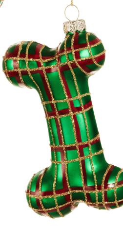 Green and red plaid glass dog bone Christmas ornament with gold glitter trim