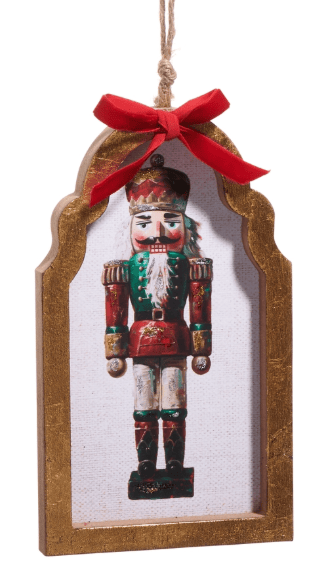 Gold framed ornament with nutcracker print, red bow, twine hanger, 7.5 inch