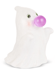 White ghost figurine blowing a purple bubble gum bubble