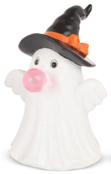 White ceramic ghost figurine blowing pink bubble gum, wearing black witch hat