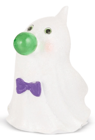 White ghost figurine blowing green bubble gum, purple bow tie accent