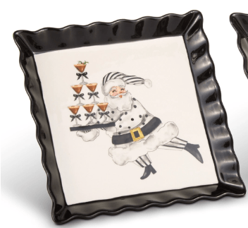 Square black ceramic tray with Santa carrying cocktail tray illustration, ruffled edges
