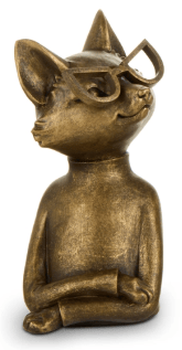 Gold bronze cat figurine wearing glasses and party hat, seated pose