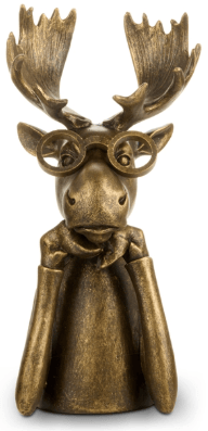 Brass-tone moose figurine wearing round glasses with hands on chin, 9.25 inch