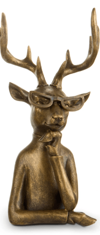 Brass-finish deer figurine with antlers, glasses, and thoughtful pose, 9.25 inches