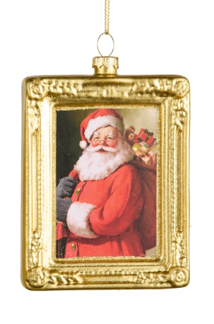 Gold framed ornament featuring vintage Santa Claus portrait, Christmas tree hanging decoration