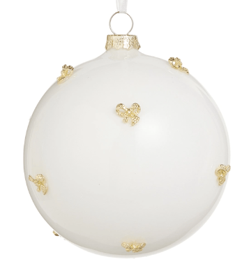 Matte white glass ball ornament with gold glitter bow embellishments
