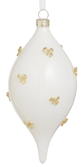 Raz white glass teardrop ornament with gold glitter bow embellishments
