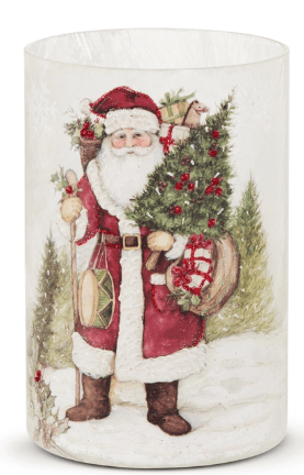 Frosted glass cylinder vase with vintage Santa Claus holding Christmas tree design