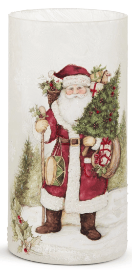 Frosted glass cylinder vase with vintage Santa Claus holiday scene, 8 inches