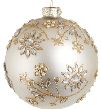 Cream glass ball ornament with gold glitter floral vines and crystal jewel accents