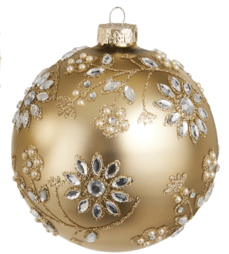 Raz 5-inch matte gold glass ball ornament with jewel and pearl floral embellishments