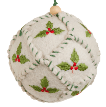White felt ball ornament with embroidered holly leaves and red berries, wood bead top