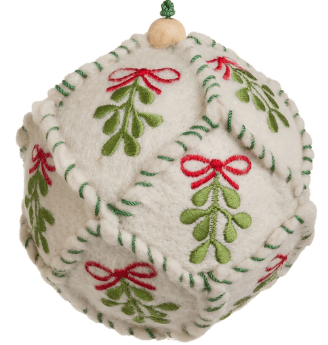 White felt ball ornament with embroidered mistletoe and red bows, wooden bead top