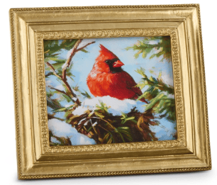 Gold ornate framed art print of red cardinal perched on snowy evergreen branch