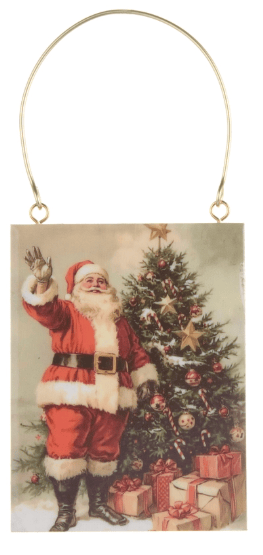 Vintage Santa Claus wooden ornament with gold wire hanger and Christmas tree scene