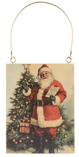 Vintage Santa Claus holding list beside Christmas tree mini ornament sign