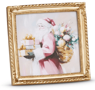 Gold ornate framed mini art print of Santa holding gifts and basket
