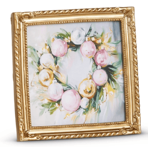 Gold ornate framed art print featuring pink and gold Christmas ornament wreath