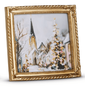 Gold ornate framed mini wall art with snowy church and Christmas tree scene