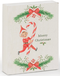 Vintage-style Christmas wall art block featuring elf with candy cane and holly