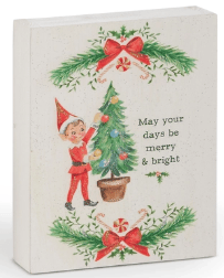 Vintage-style Christmas wall art block with elf, tree, and merry & bright text