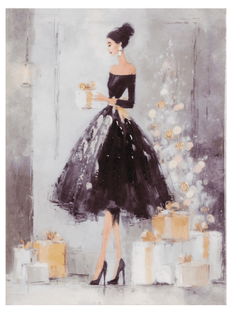Painting of elegant woman in black ball gown holding gift near Christmas tree