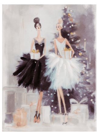 Illustrated wall art of two ballerinas in black and white tutus by a Christmas tree