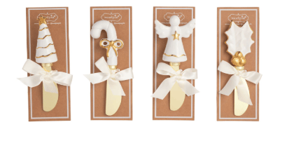Four Christmas spreaders with gold stoneware handles: tree, candy cane, angel, holly bell