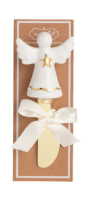 White ceramic angel spreader with gold star detail and cream ribbon on card