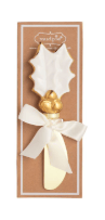 Gold and white holly leaf Christmas butter spreader with cream ribbon bow