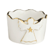 White ceramic tidbit dish with gold angel design and scalloped rim