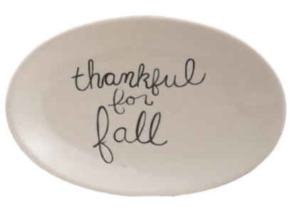 Oval white stoneware plate with black handwritten text thankful for fall
