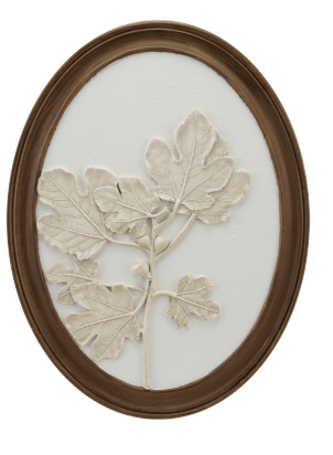Oval brown wood framed wall decor with white plaster cast leaf branch