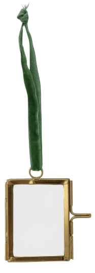 Small brass and glass photo frame ornament with green velvet ribbon hanger