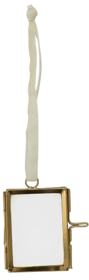 Small brass and glass photo frame ornament with white velvet ribbon hanger