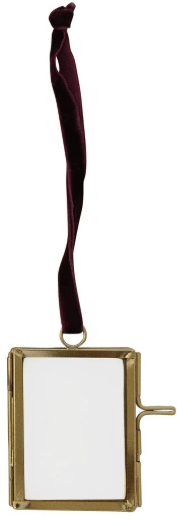 Small brass and glass photo frame ornament with burgundy velvet ribbon hanger