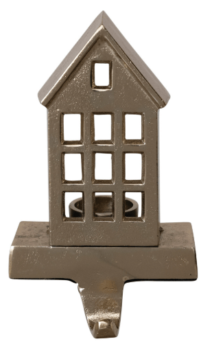 Gold cast aluminum house-shaped stocking holder with cutout window grid design