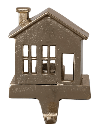 Gold cast aluminum house-shaped Christmas stocking holder with open window cutouts