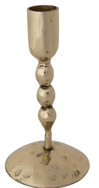 Hand-forged brass finish metal taper candle holder with beaded stem and round base