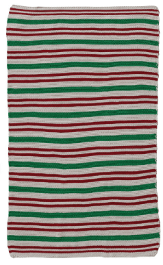 Cotton knit tea towel with red, green, and white horizontal stripes