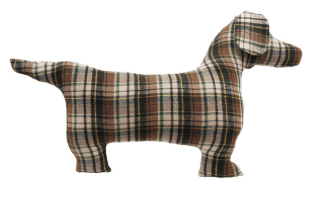 Dachshund-shaped stuffed pillow covered in brown and green plaid fabric