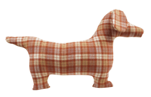 Dachshund-shaped fabric pillow in warm red and tan plaid pattern