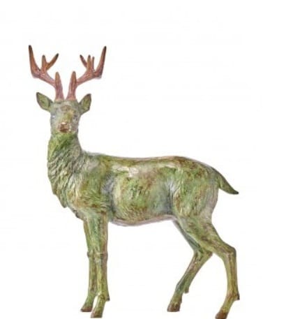 Antique green resin deer figurine with copper-toned antlers, standing pose, 17.5 inches