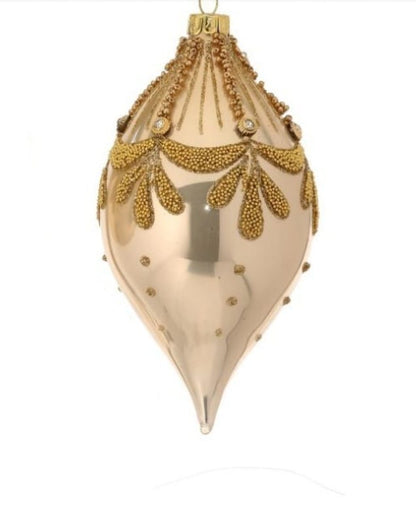Gold glass teardrop ornament with beaded Art Deco swag and dot details