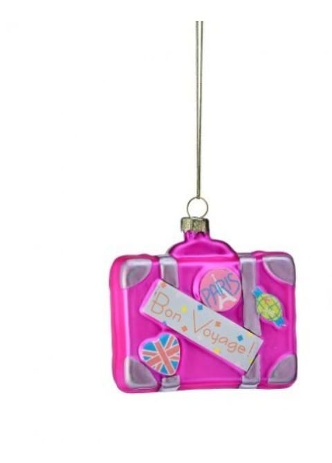 Pink glass luggage ornament with Bon Voyage, Paris, and UK travel stickers