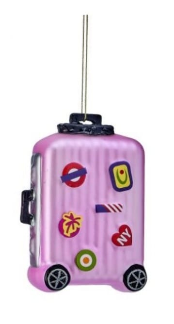 Regency pink glass luggage ornament with travel stickers and gold hanging string