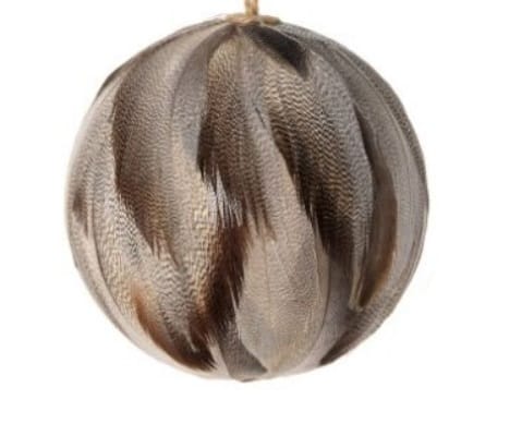 Regency 4-inch round ornament covered in layered brown and gray feathers
