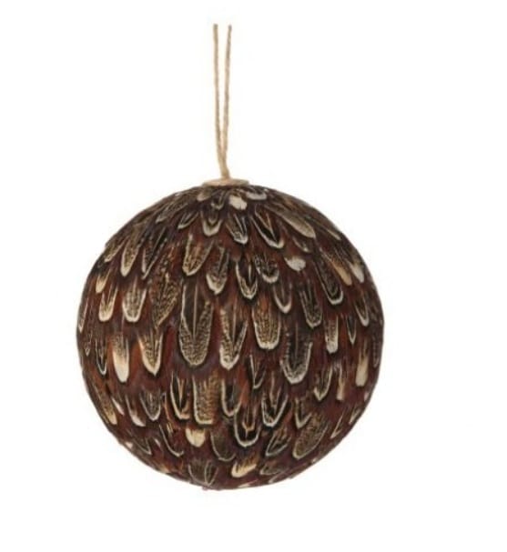 Brown feather-textured ball ornament with natural twine hanger, 4 inch